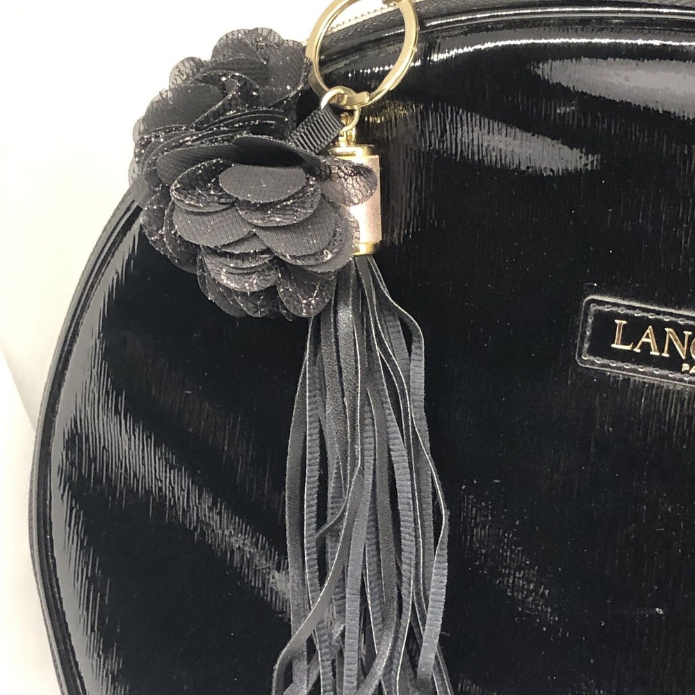 Lancome Large Shiny Black Oval Train Case Cosmetic Bag Gold Zipper Tassel Handle - Picture 3 of 12